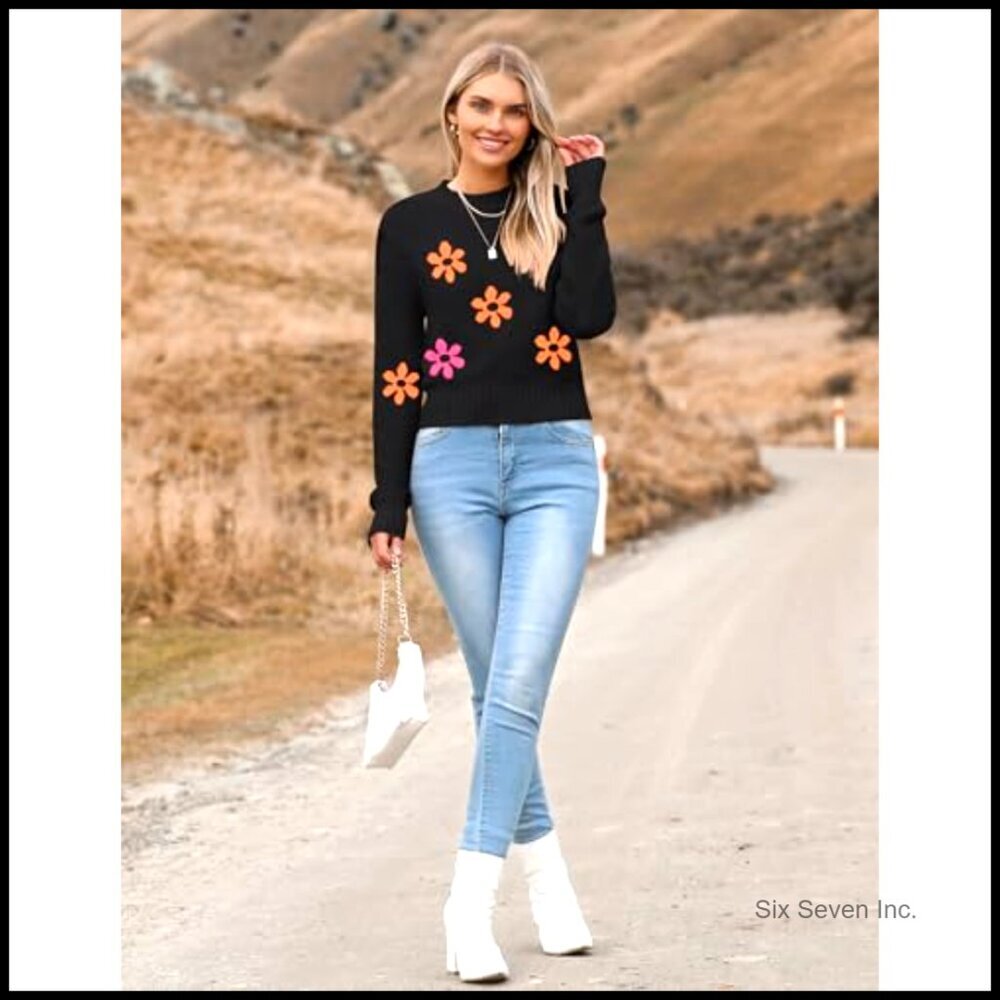 Crewneck Cropped Sweater Ribbed Knit Pullover Long Sleeve Trendy Fall Tops - Picture 4 of 7